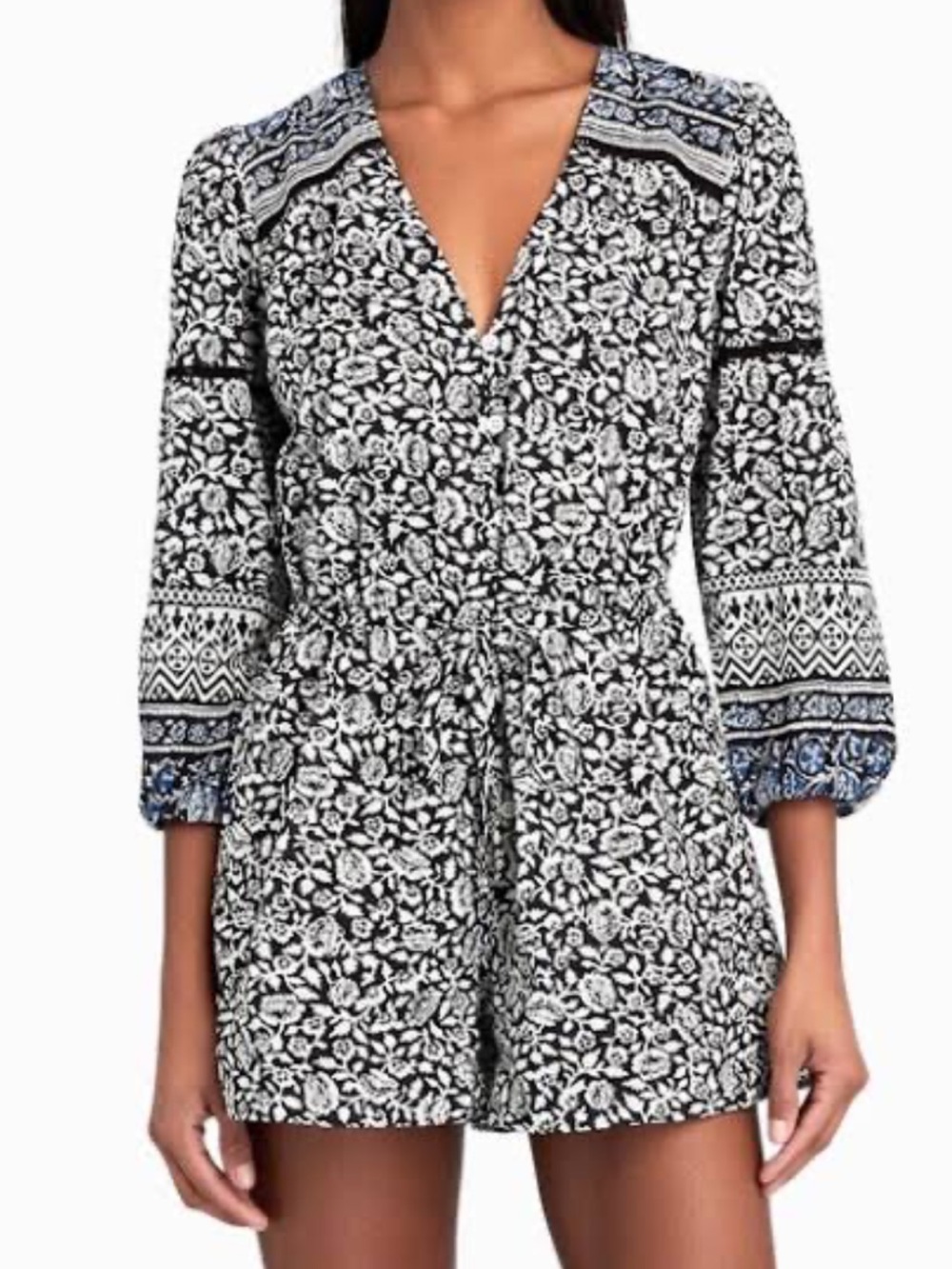 Veronica Beard Black and White Floral Mini Dress with Blue Accents
